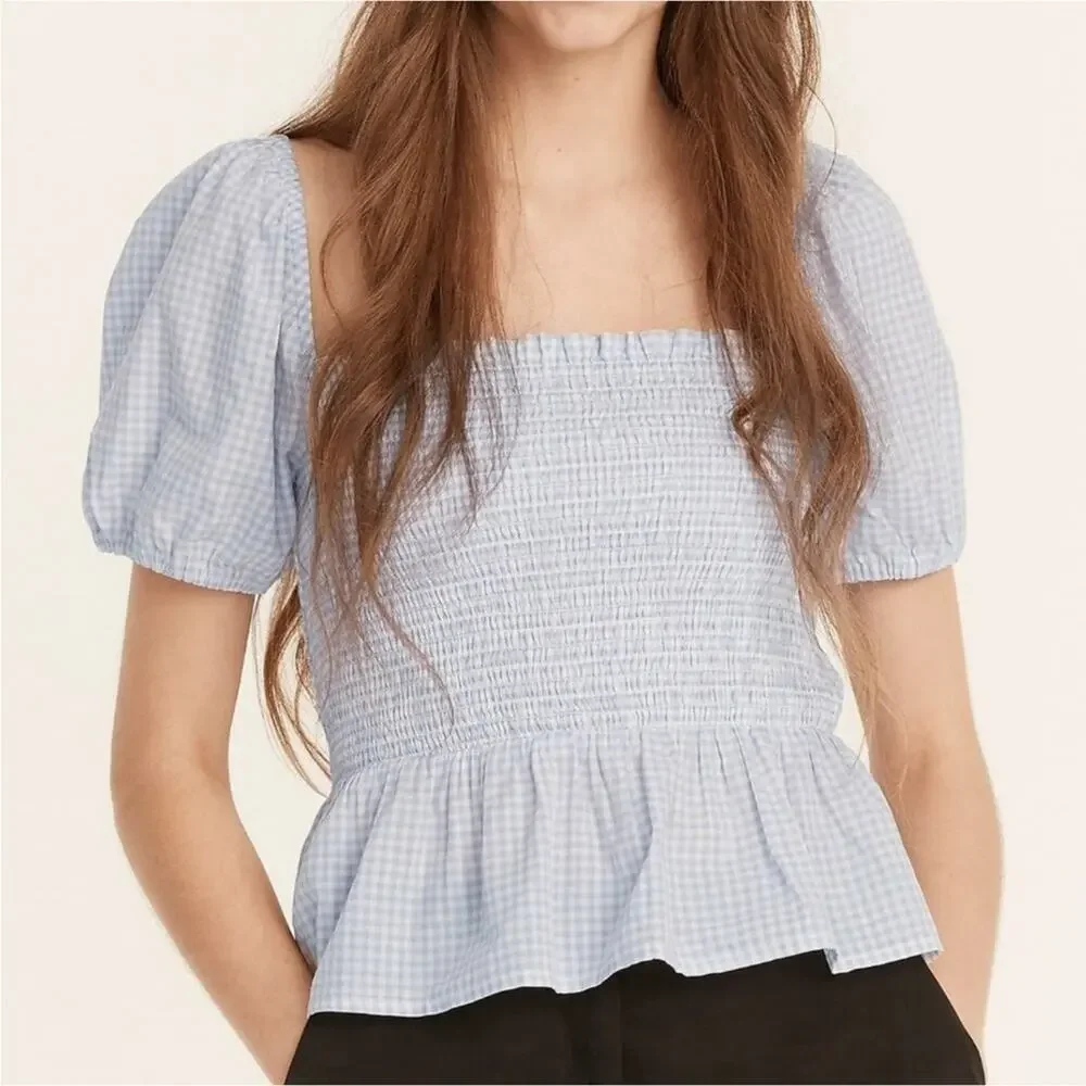 J. Crew Square-neck Smocked Gingham Crop Top M